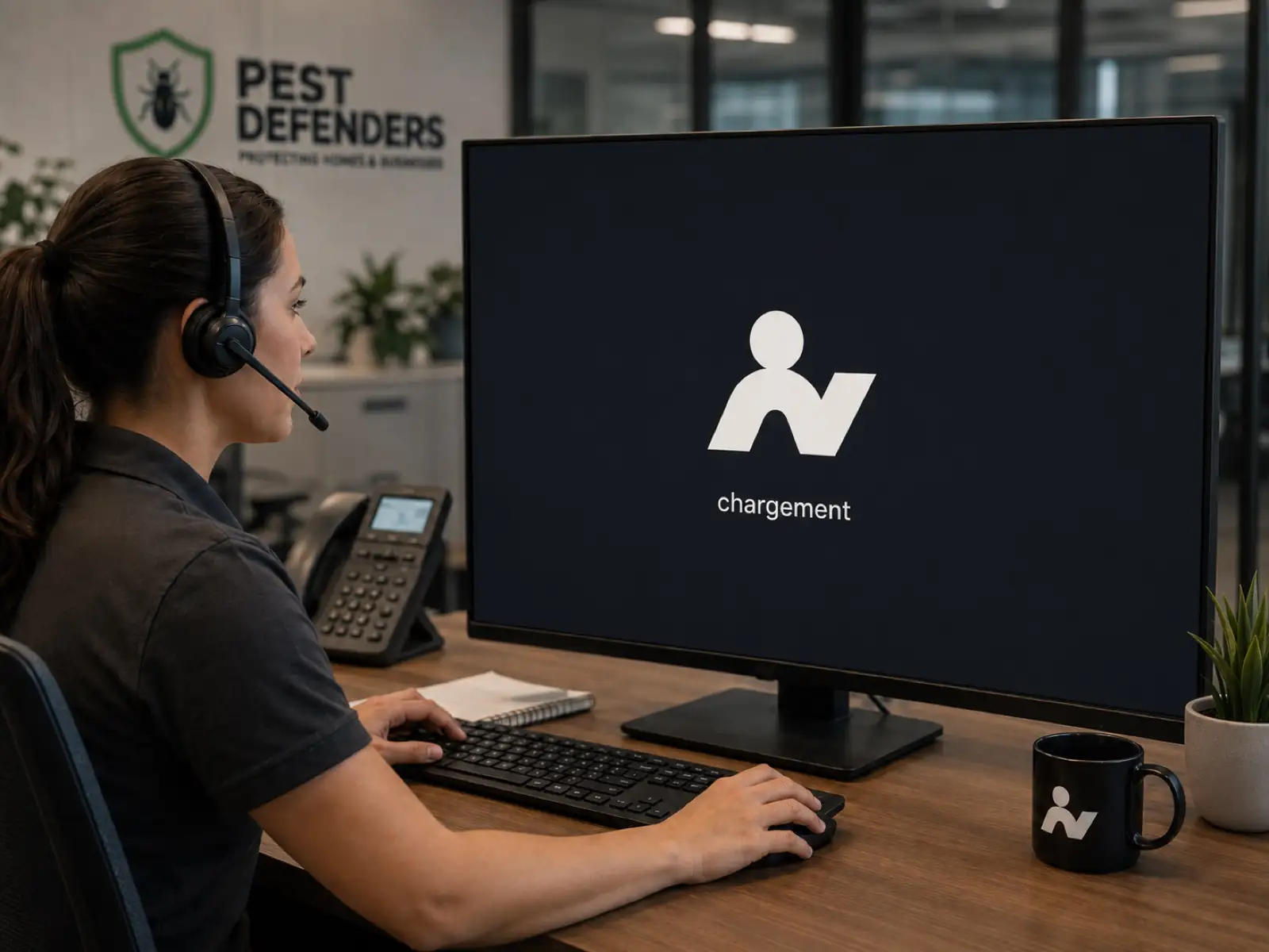 Dispatcheuse d'une entreprise de contrôle parasitaire au téléphone, devant Atlas