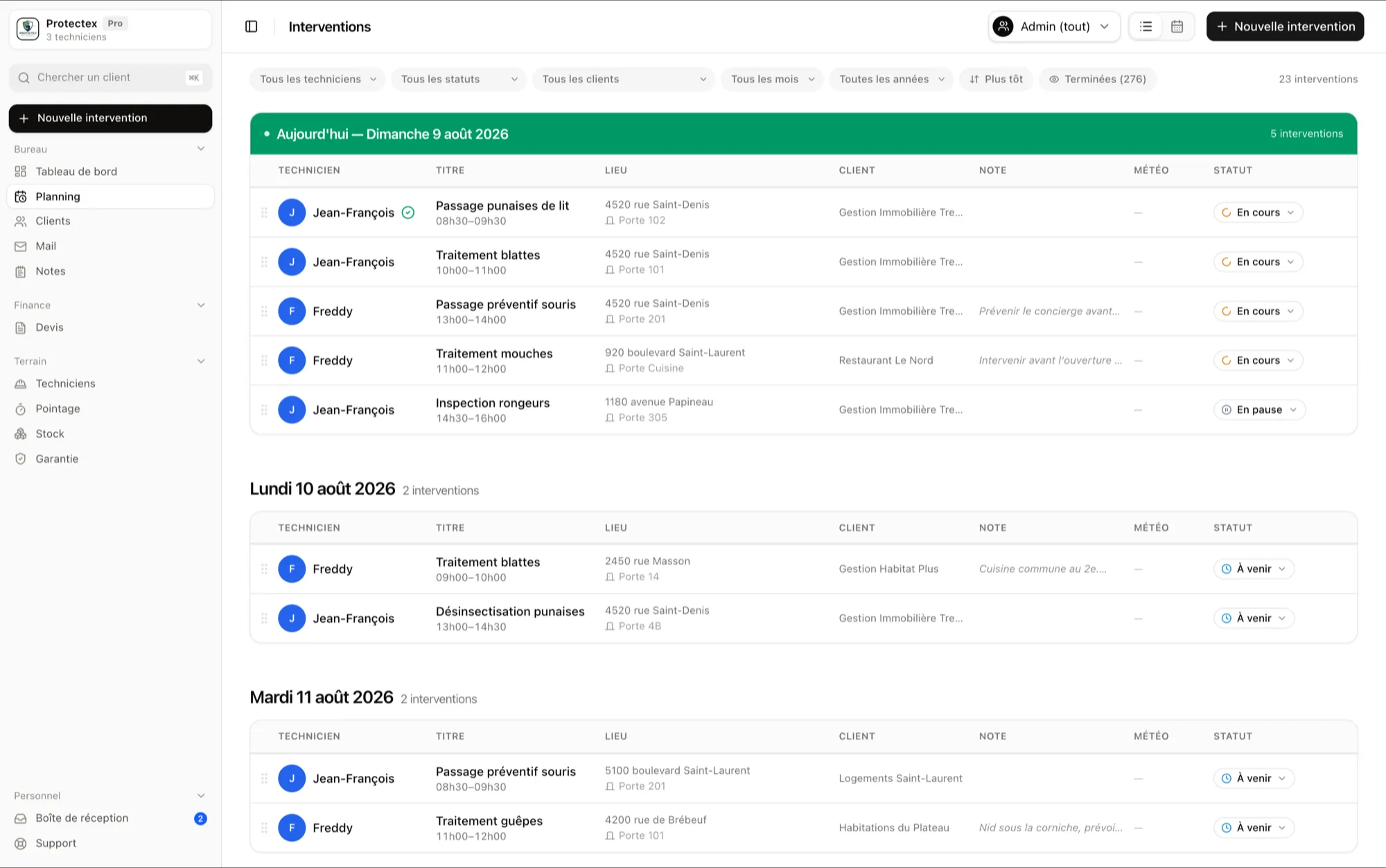 Atlas — vue opérateur : tableau des interventions du jour