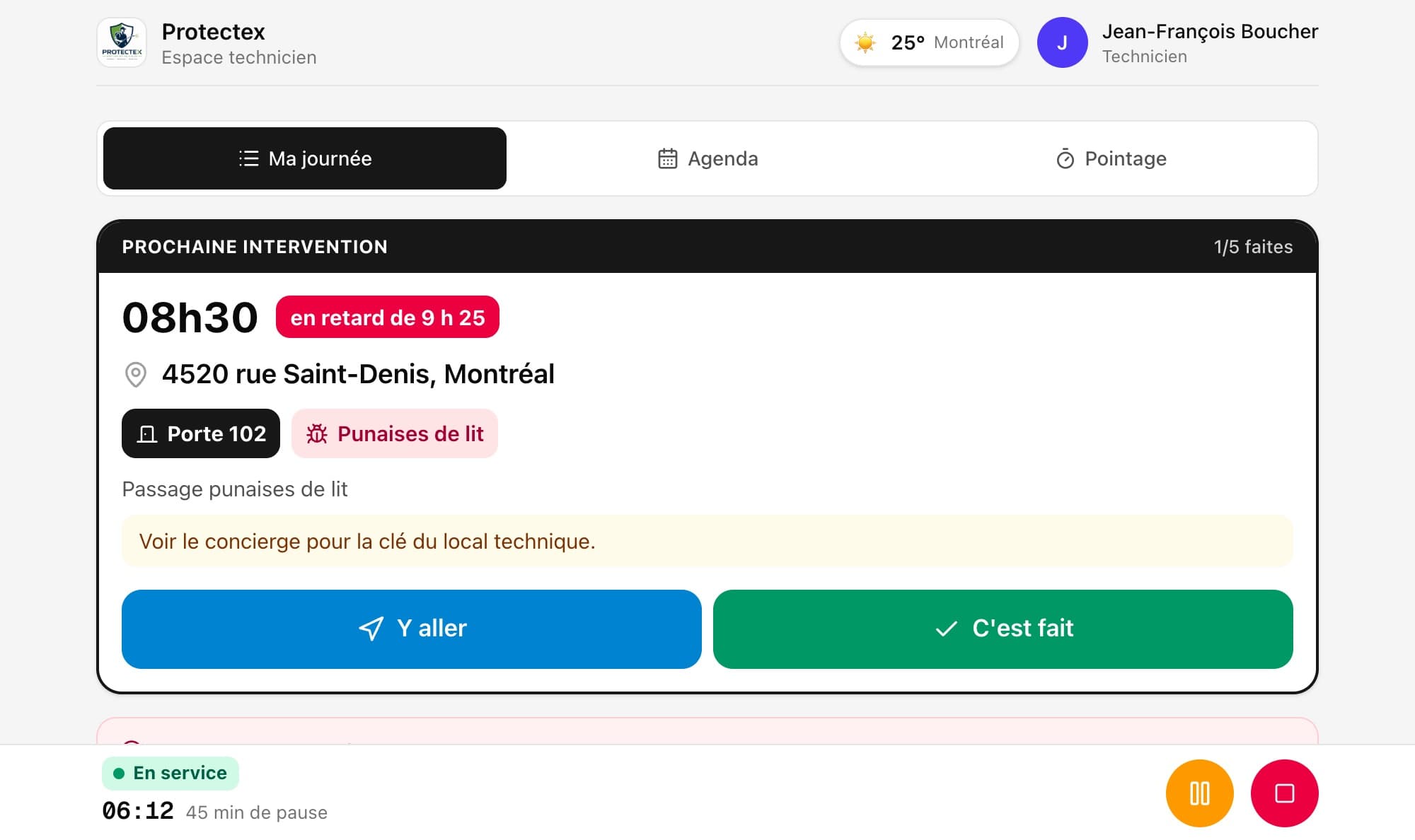 Interface technicien d'Atlas avec les interventions assignées du jour