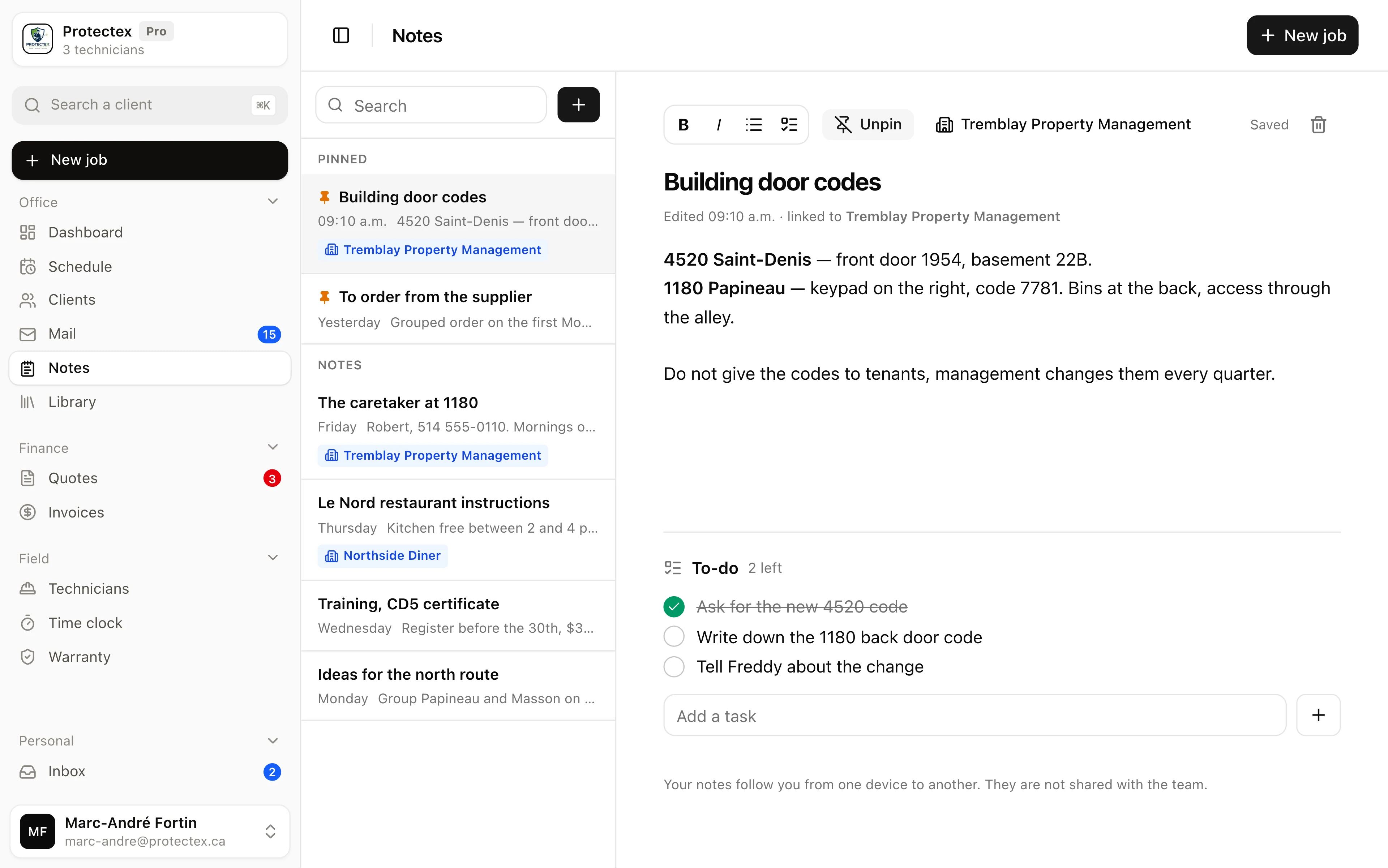 The notepad. Pinned notes on top, the client name under each note, to-dos under the text.