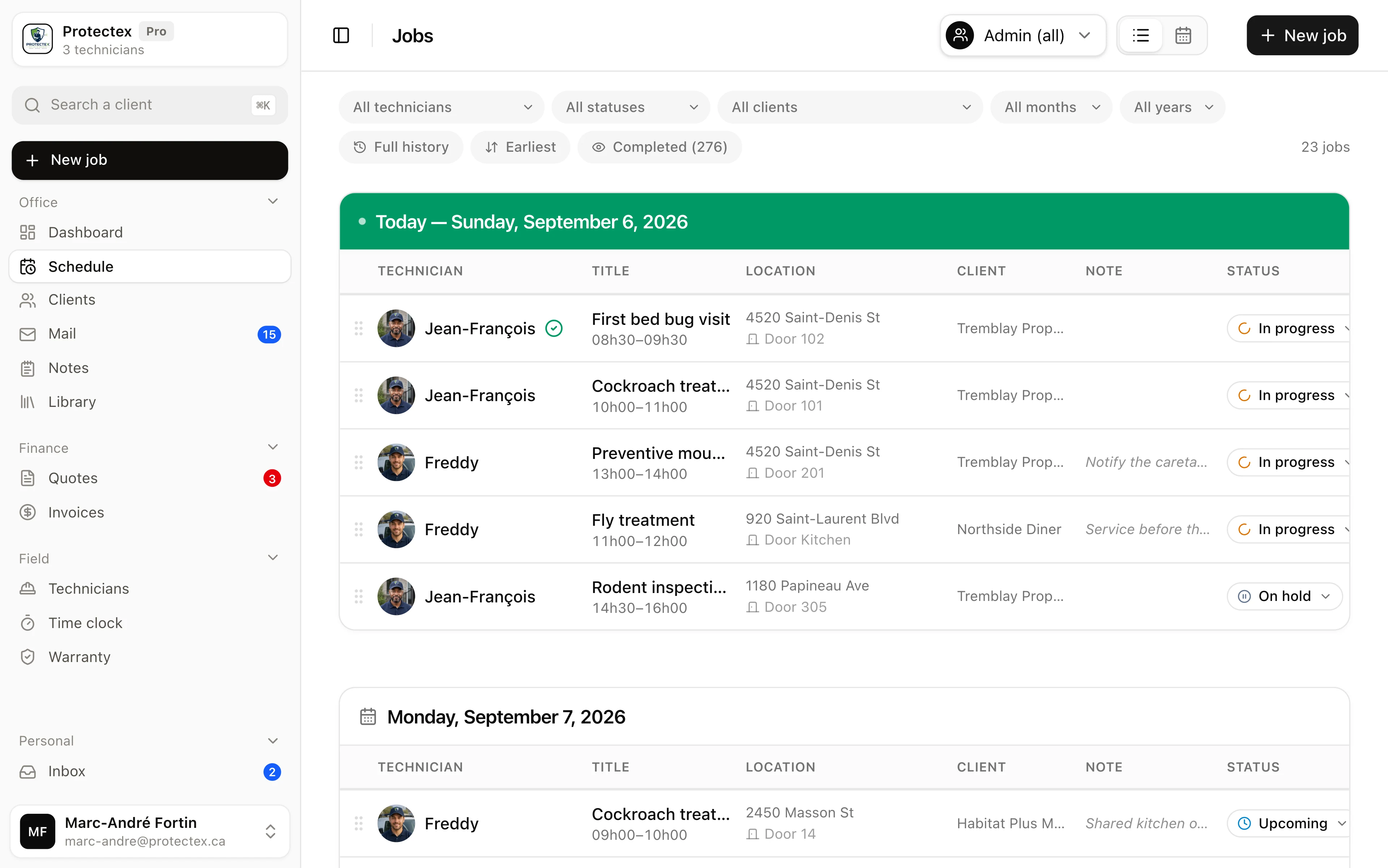 The Atlas schedule, one day's jobs with their technician, location and status. You grab a row and drop it on another day.
