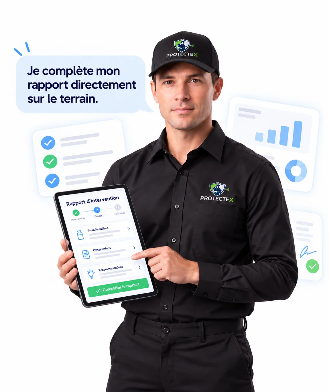 Un technicien Protectex remplit son rapport d'intervention sur tablette