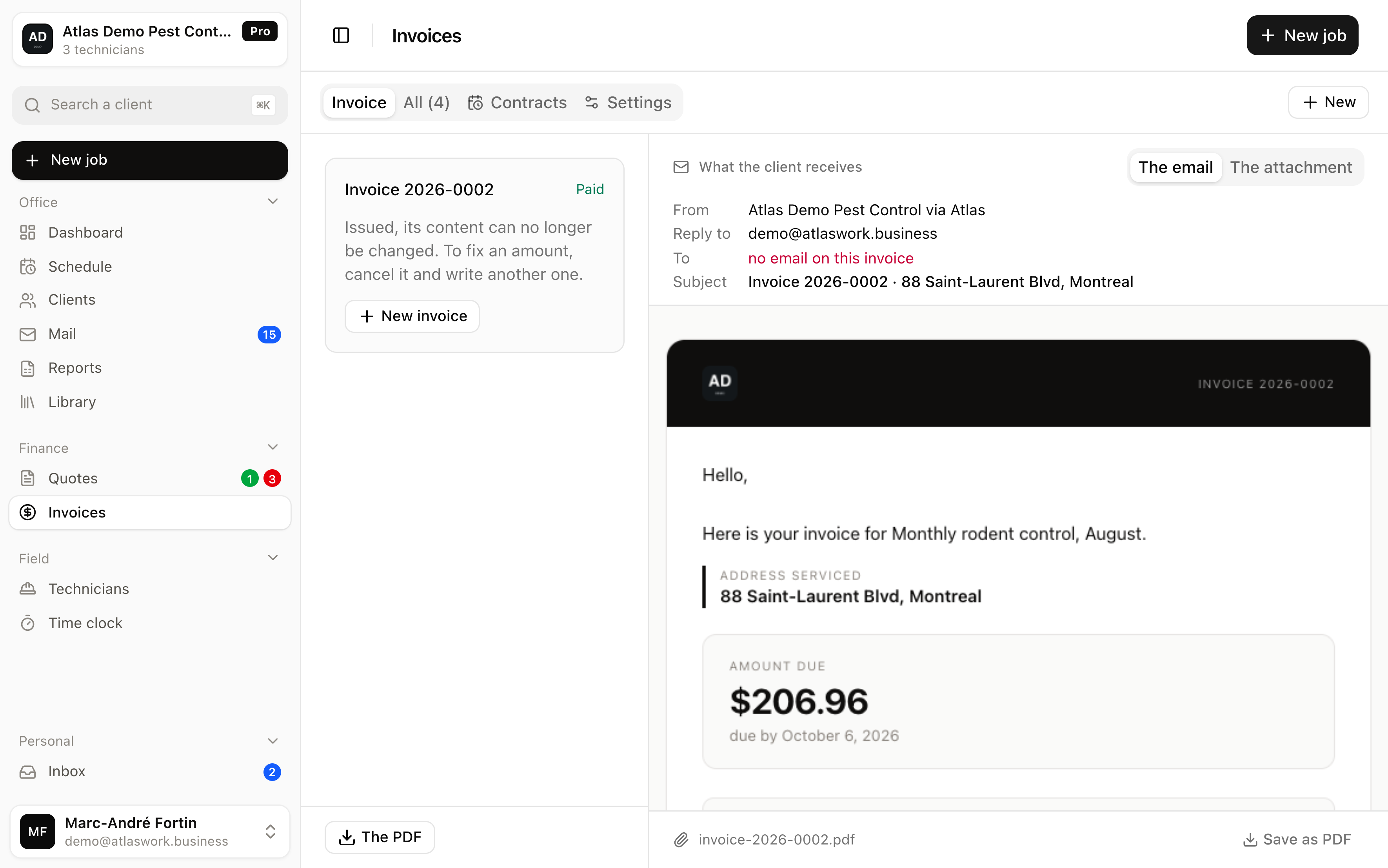 The invoice as the client receives it. Amount on top, tax breakdown, and how to pay you.