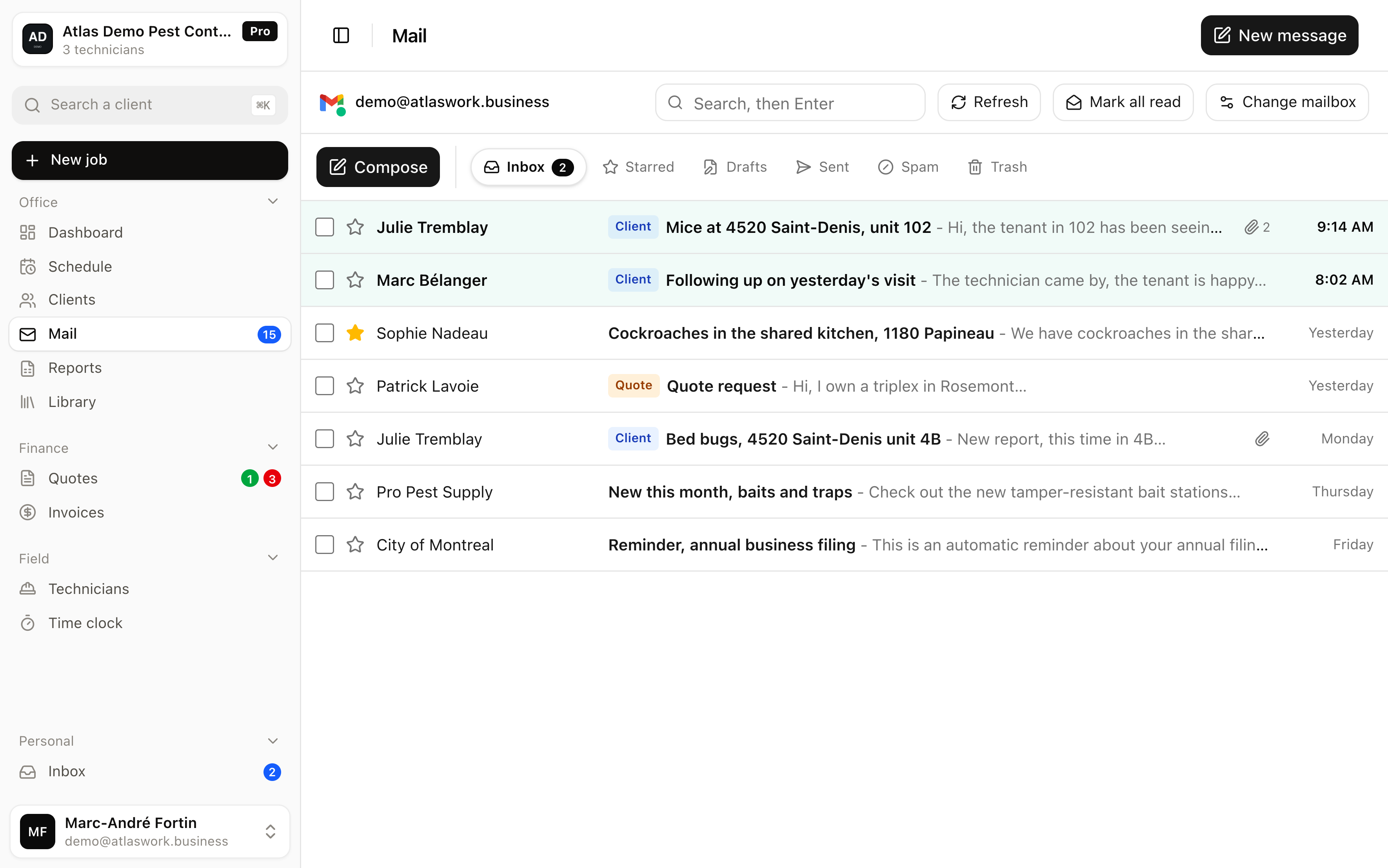 The connected mailbox, with Client labels on the senders it recognizes.