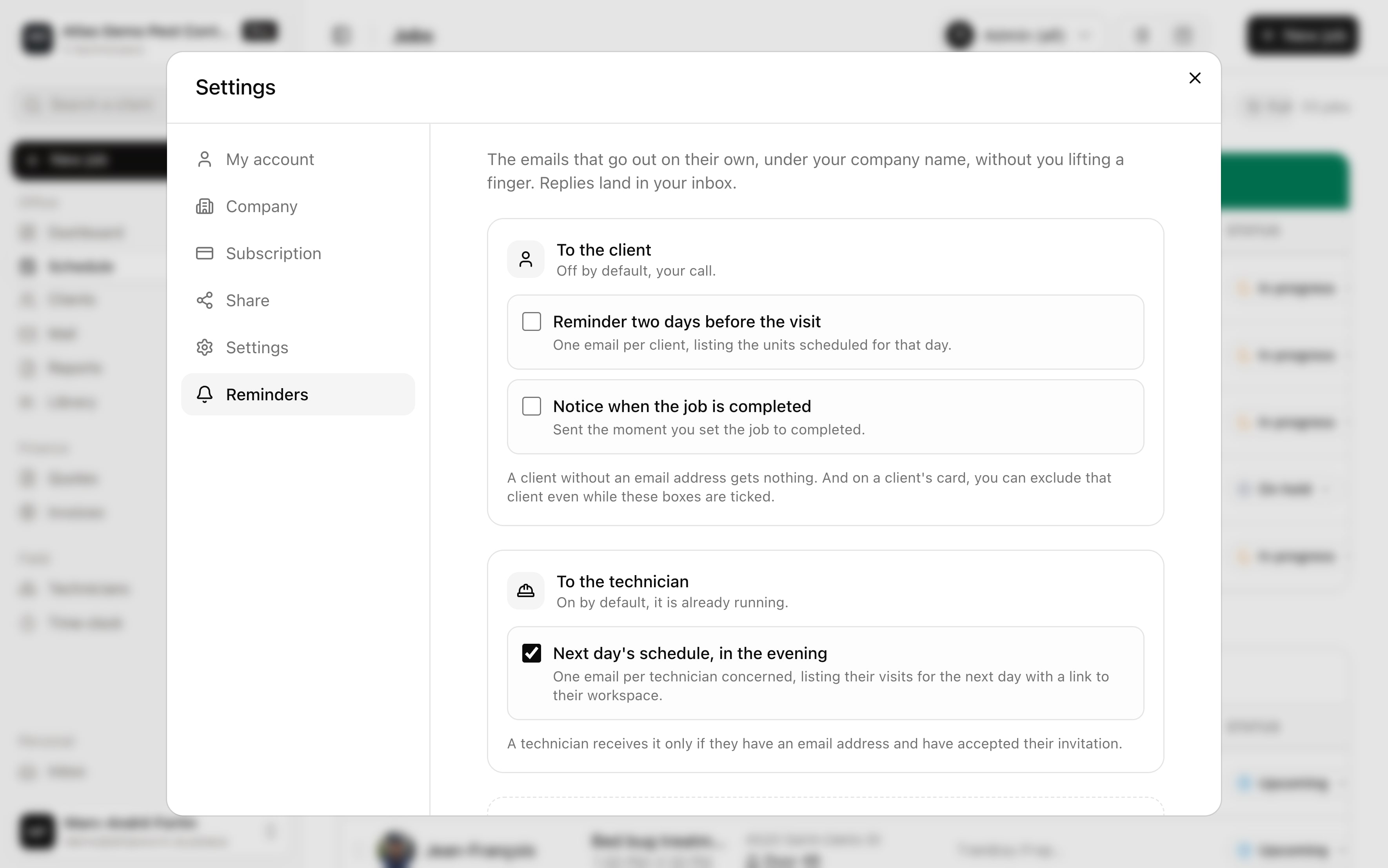 The Reminders page. One switch per email, for the client and for the technician, with the evening reminder to technicians on from the start.