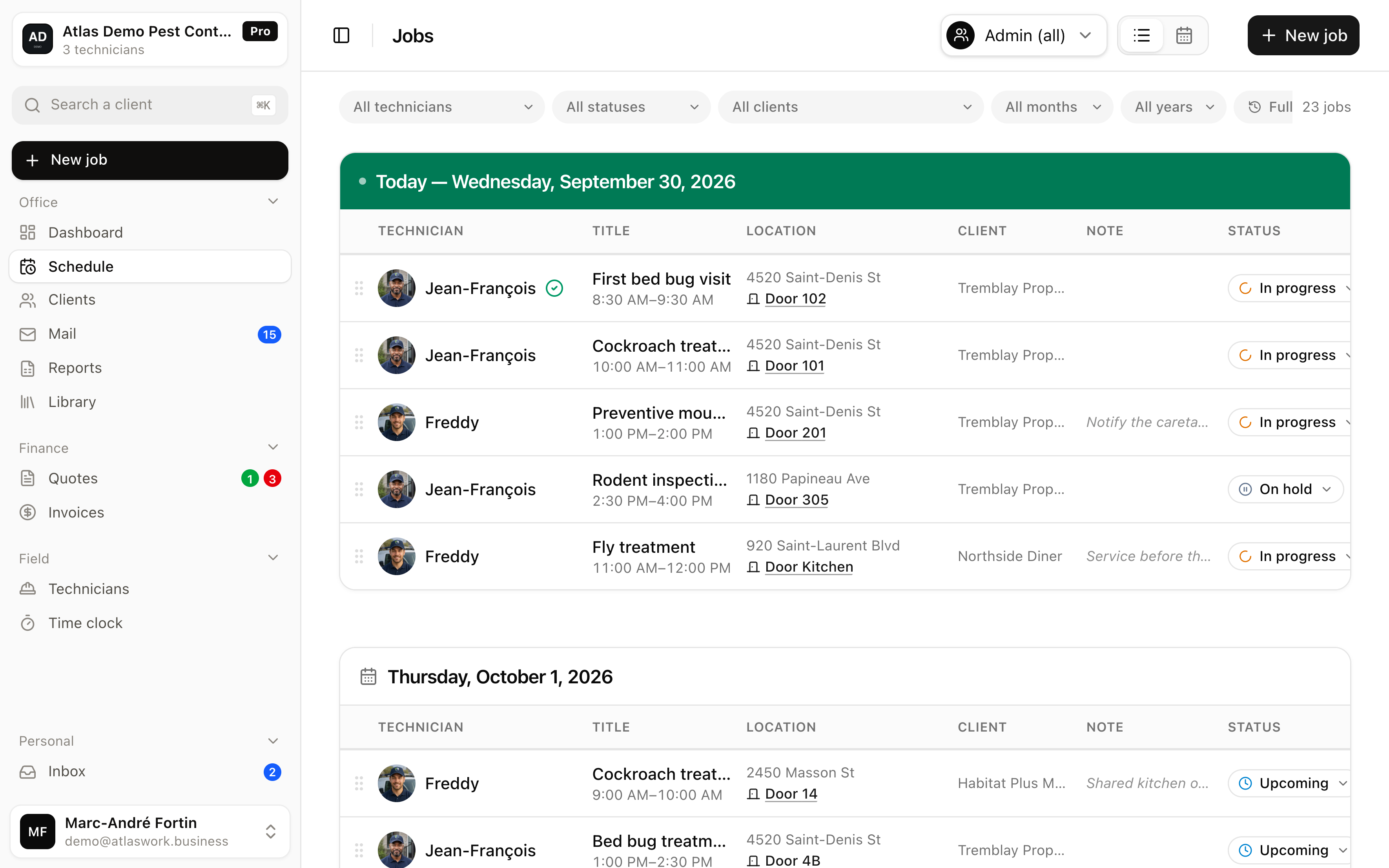 The Atlas schedule, one day's jobs with their technician, location and status. You grab a row and drop it on another day.
