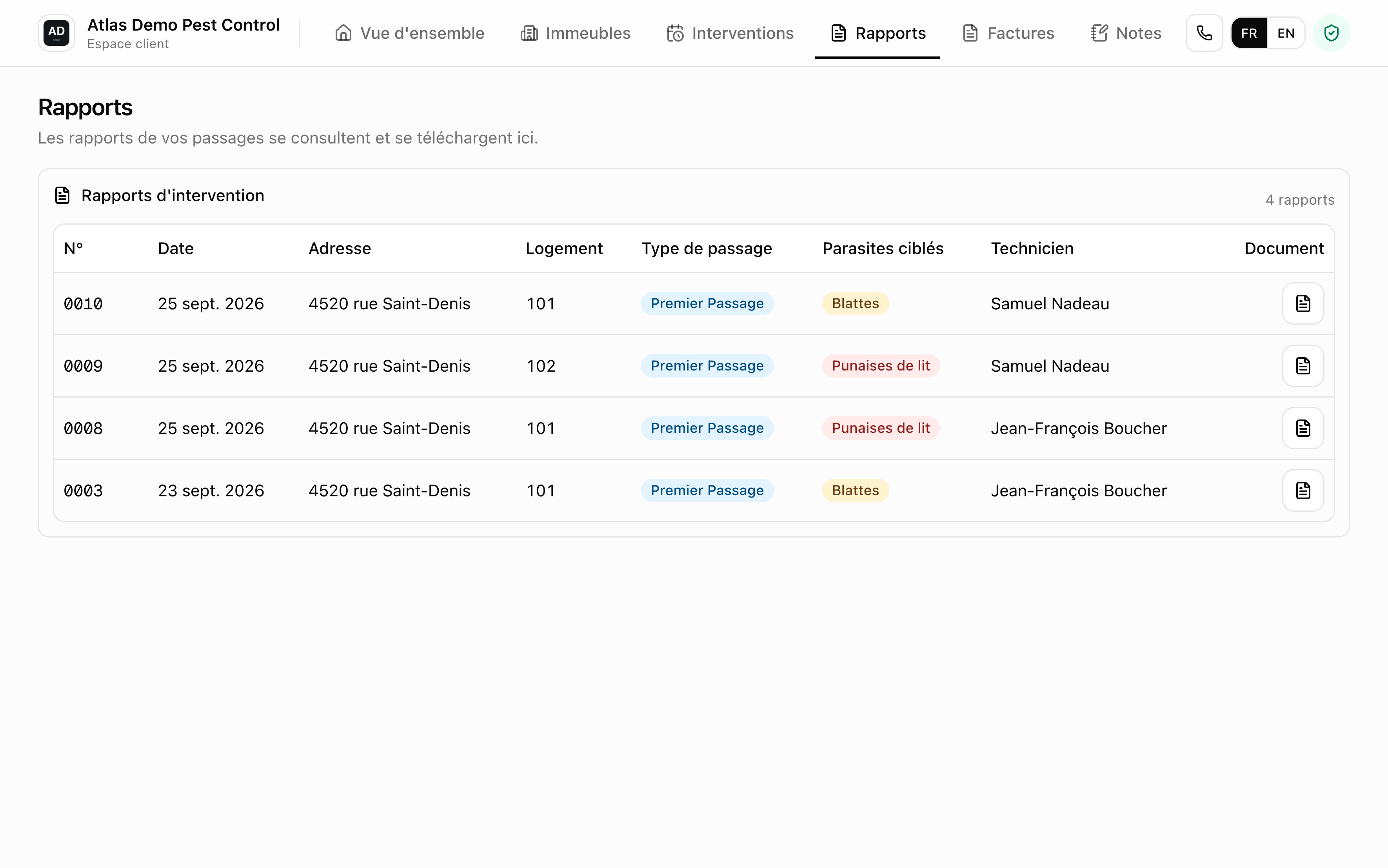 Le portail du client, ses rapports approuvés, chacun avec son PDF.