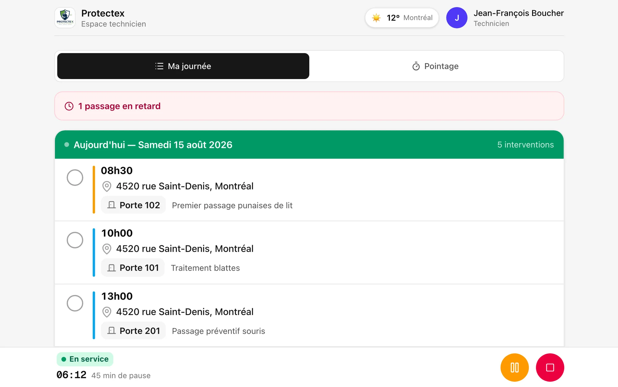 Espace technicien Atlas, la liste des interventions du jour
